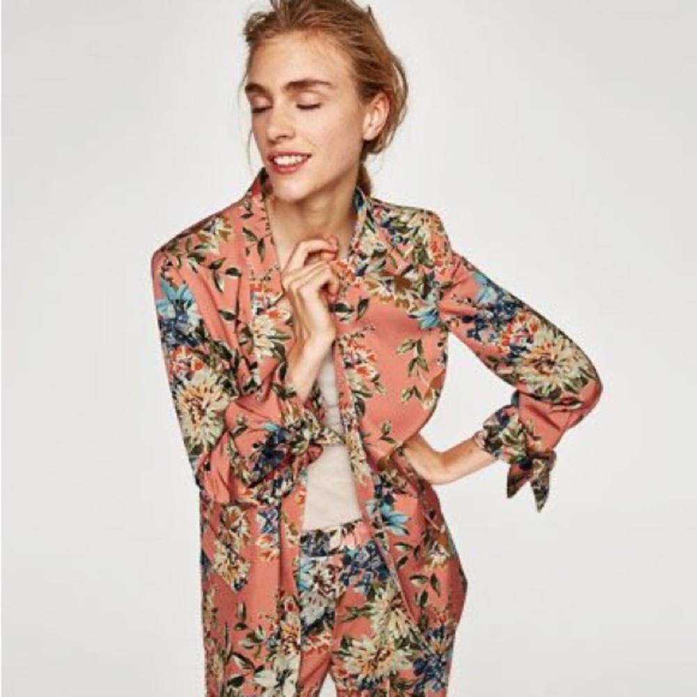 Zara Floral Blazer with Tie Sleeves
